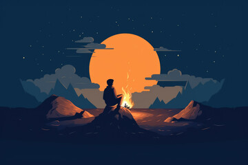 A solo traveler sitting by a bonfire and watching the breathtaking sunset. The concept embodies solitude, adventure, contemplation, and anticipation of new horizons. Generative AI Technology.