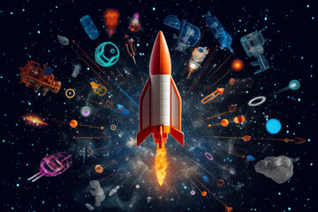 Rocket graphic symbolizing progress and advancement in space exploration technology. The rocket soars into the infinite frontier of space. Generative AI Technology.