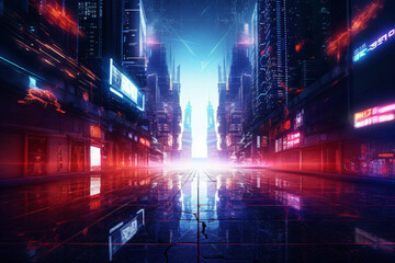 Fototapeta na wymiar futuristic background that represents a city in cyberspace. has a multi-layered, dark color scheme with bright and colorful flashy lights. Generative AI Technology.