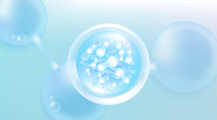 Probiotic and Hyaluronic acid skin solutions ad, blue collagen, and vitamin serum drop with cosmetic advertising background ready to use illustration vector.