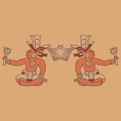 Symmetrical ethnic design with two sitting ancient Mayan men holding flowers. Indigenous Native American art. Isolated vector illustration.