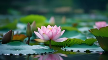 Deurstickers Pink lotus in bloom, also known as Nelumbo nucifera, isolated against background of lotus pond. In Buddhism and Hinduism, the lotus is revered. GENERATE AI © Sawitree88