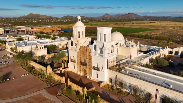 Mission San Xavier del Bac aerial view in Tohono O'odham Nation Indian Reservation near city of Tucson, Arizona AZ, USA. 