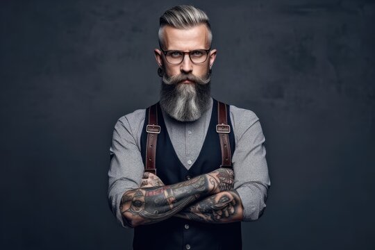 Handsome old-fashioned hipster in shirt and suspenders, pose with crossed arms. Isolated on gray background. Generative AI