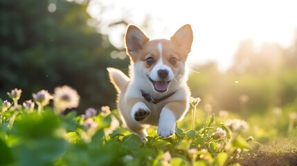 cut puppy jumping on green grass with blur background created with Generative AI