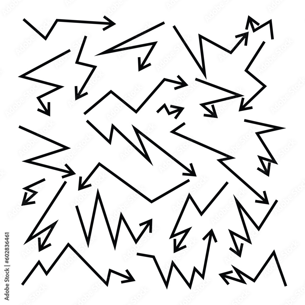 Poster set of zig zag shape icon direction or arrow, line design on white background. ornaments for various