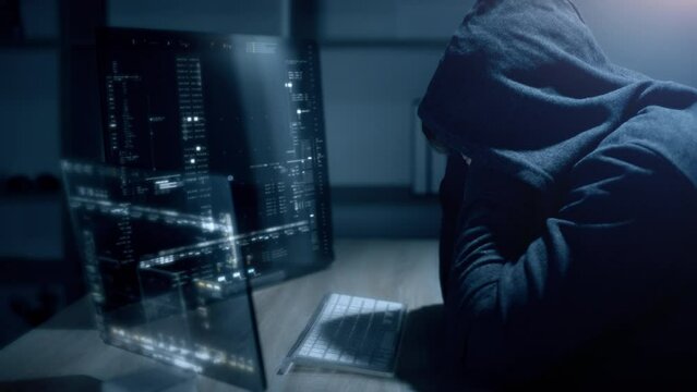 Futuristic Anonymous hacker trying to breached cybersecurity by using algorithm source code to exploit weakness in password security. Concept : Cyber Hacker -  Access denied