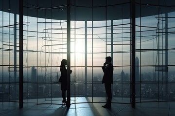 business people discussing business in the office view from outside the building