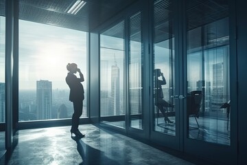 Fototapeta premium business people discussing business in the office view from outside the building