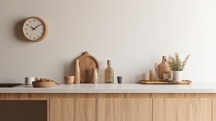 Interior of modern kitchen with white walls, wooden countertops, round wooden bowls with dried flowers and clocks. 3d rendering