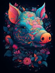 Detailed illustration of a pig in neon bright colors on a black background