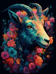 Detailed illustration of a goat in neon bright colors on a black background