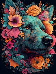 Detailed illustration of a dog in neon bright colors on a black background
