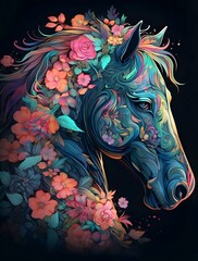 Detailed illustration of a horse in neon bright colors on a black background