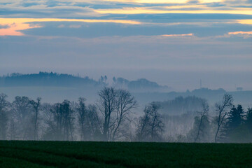 morning fog after sunrise in austria