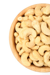 Bowl with tasty cashew nuts isolated on white background, closeup