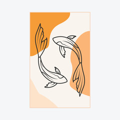 koi fish poster design with line art logo , kohaku fish logo icon design