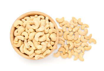 Bowl with tasty cashew nuts isolated on white background