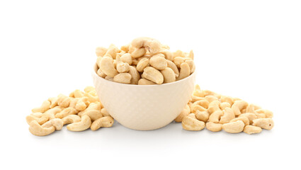 Bowl with tasty cashew nuts isolated on white background