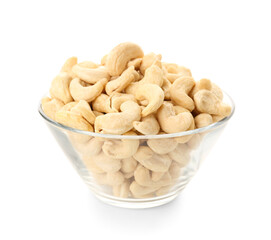 Bowl with tasty cashew nuts isolated on white background