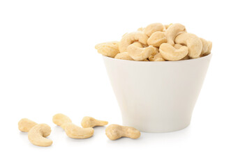 Bowl with tasty cashew nuts isolated on white background