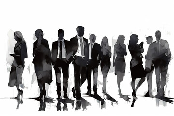 Crowd business people on the move in silhouette. Charcoal drawing, generative art