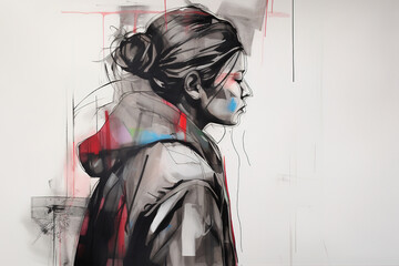 Beautiful woman, colorful hand drawn side view portrait. Generative art