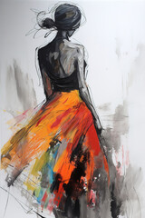 Fototapeta na wymiar Beautiful woman silhouette, colorful hand drawn rear view portrait. Generative art