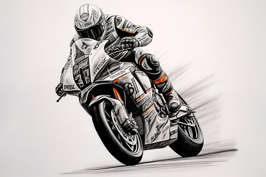 Moto GP Racer, abstract hand drawn portrait. Stunning sketch, smudge and spatter. Generative art.