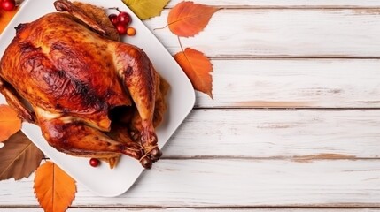 thanksgiving, top view on wooden background, thanksgiving country dinner with grilled chicken Thanksgiving, Turkey, Generative Ai