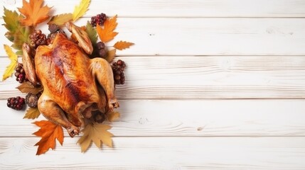 thanksgiving, top view on wooden background, thanksgiving country dinner with grilled chicken Thanksgiving, Turkey, Generative Ai