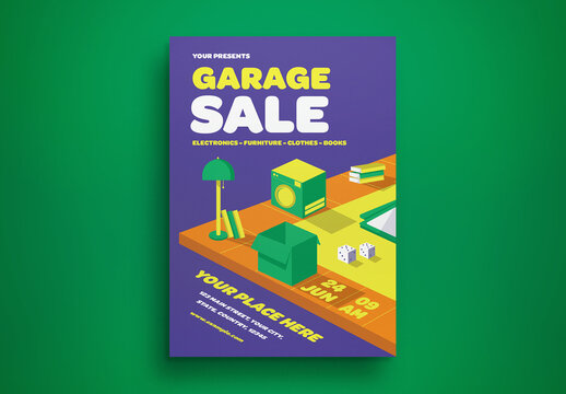 Purple Isometric Flat Design Garage Sale Flyer Layout