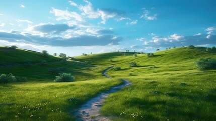 Obraz premium Picturesque winding path through a green grass field in hilly area in morning at dawn against blue sky with clouds. Natural panoramic spring summer