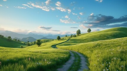 Picturesque winding path through a green grass field in hilly area in morning at dawn against blue sky with clouds. Natural panoramic spring summer