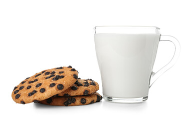 Cup of milk and tasty cookies with chocolate chips isolated on white background