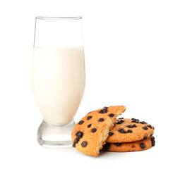 Glass of milk and tasty cookies with chocolate chips isolated on white background
