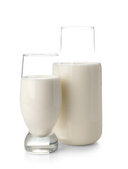 Bottle and glass of milk on white background