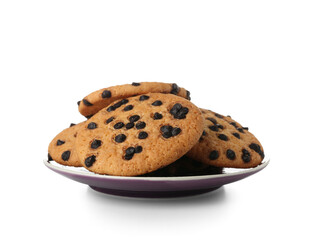 Plate of tasty cookies with chocolate chips on white background