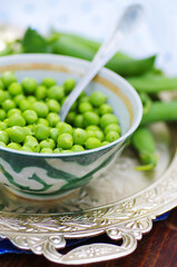 Harvest green peas, food background, colorful green beans