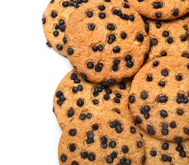 Tasty cookies with chocolate chips on white background