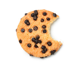 Bitten cookie with chocolate chips on white background