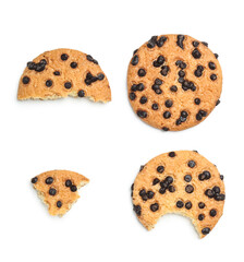 Tasty cookies with chocolate chips on white background