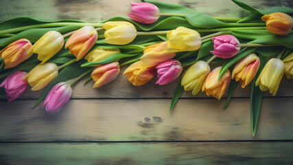 Pink and white colouful tulips flowers and leaf Border surrounding on a White Blue turqouise rustic Wooden Tabletop, Highlighting the Soft and Selective Elements of Flower Border Art. Generative ai
