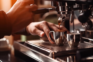 Fototapeta na wymiar Coffee maker machine closeup, hot espresso pouring in a cup from a proffessional portafilter in a cafe shop Generative AI