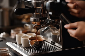 Barista hand and espresso pouring in a cup in a cafe shop. Coffee maker machine closeup, professional portafilter. Generative AI