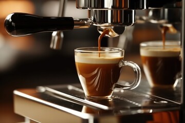 Coffee maker machine closeup, hot espresso pouring in a cup from a proffessional portafilter in a cafe shop Generative AI