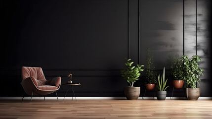 Empty black wall with sofa and plant with wood floor created with Generative AI