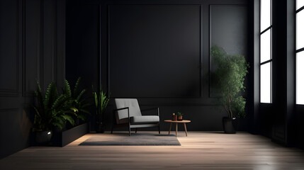 Empty black wall with sofa and plant with wood floor created with Generative AI