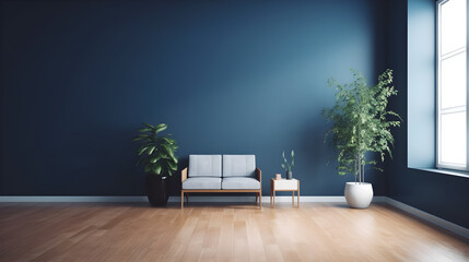 Empty blue wall with sofa and plant with wood floor created with Generative AI