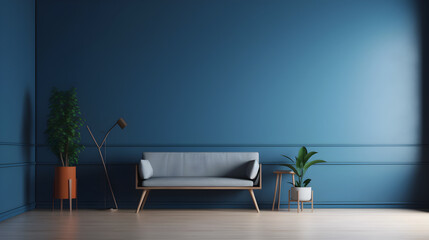 Empty blue wall with sofa and plant with wood floor created with Generative AI